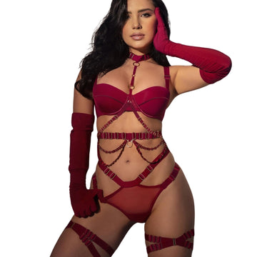 Wine Red Push-Up Harness Lingerie Set