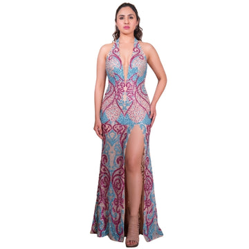 Floral Rhinestone Plunge Neck Backless Maxi Dress
