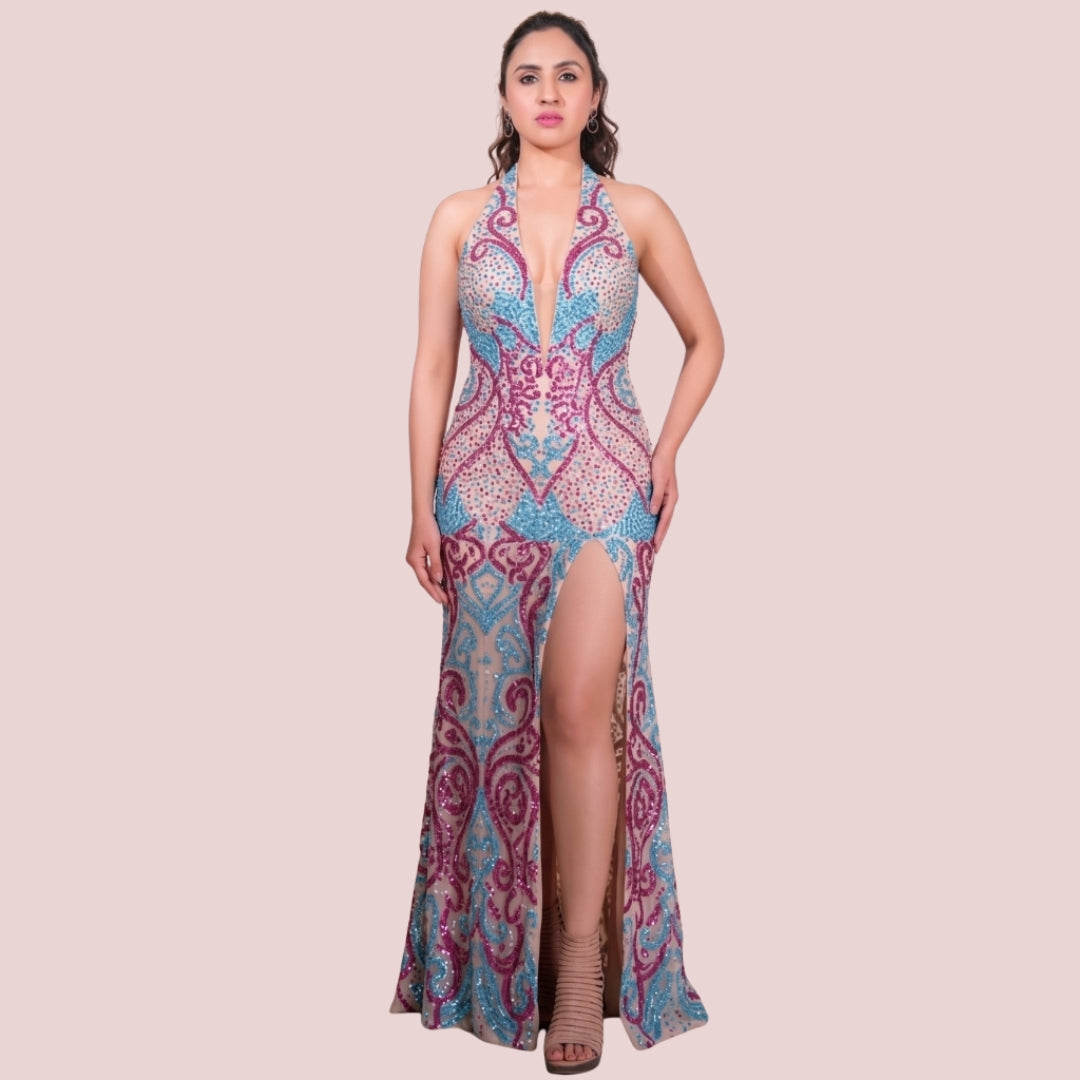 Floral Rhinestone Plunge Neck Backless Maxi Dress