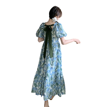 Women's Blue Floral Puff Sleeve Maxi Dress